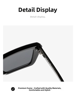 Detailed close-up of durable metal hinges and thick black square sunglasses frames