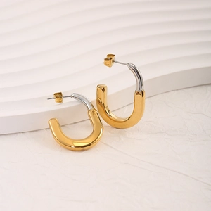 Minimalist 18K gold and silver two-tone U-shaped stainless steel earrings for women