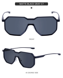 Detail view of irregular steampunk sunglasses in matte black with gray lenses from two angles