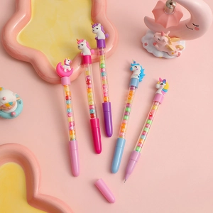 Cute unicorn neutral pens with colorful letter beads in transparent barrels for students