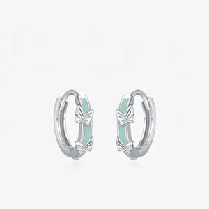 925 Sterling Silver Butterfly Hoop Earrings With Mint Green Enamel Fresh Sweet Jewelry For Women Girls