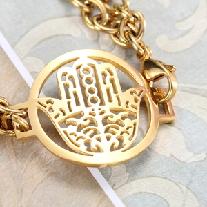 Golden double-layer Hamsa Hand charm bracelet with thick circular links and lobster clasp