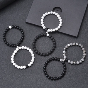 Magnetic Couple Bracelets Natural Stone Beads Matte Black Agate White Turquoise Heart Clasp Elastic Wristband Jewelry