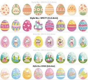 Macro view of 40 Easter egg sticker designs featuring bunny and chick floral patterns