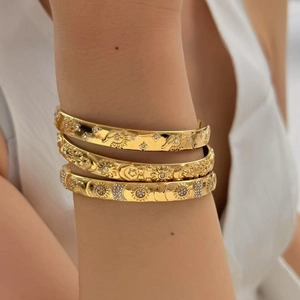 Stainless Steel Open Cuff Bracelet With Zircon Celestial Sun Moon Star Pattern Vintage Bohemian Jewelry For Women