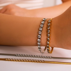 Elegant 18K gold titanium steel flat snake chain necklace and bracelet set with zircons