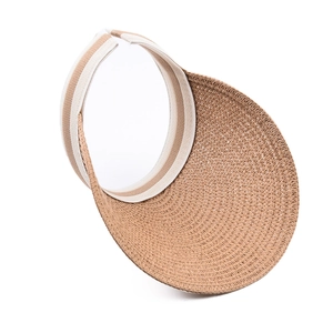 Women's woven straw visor sun hat with wide brim and striped inner lining in light brown