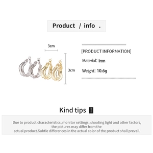 Detailed spec sheet showing triple-layer wavy metal hoop earrings with dimensions and material