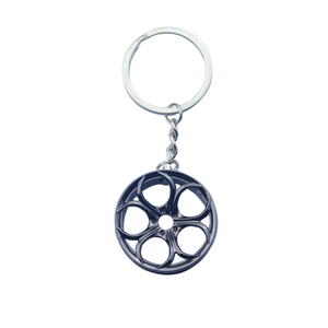 Zinc alloy car wheel rim keychain with a five-spoke design and gunmetal finish