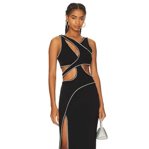 Sexy Cutout Maxi Dress Sleeveless V Neck Rhinestone Bead Trim High Slit Backless Evening Gown For Women Party