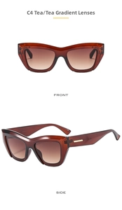 Detailed front and side views of thick tea cat-eye sunglasses with gradient lenses