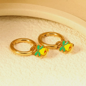 Golden bell earrings with green enamel bow charms for Christmas stylish fashion