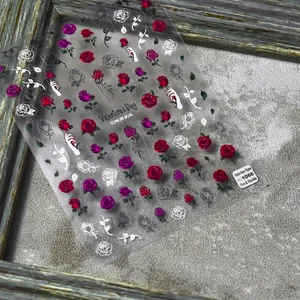 Japanese style thin Valentine's Day rose nail art stickers with red and purple floral designs