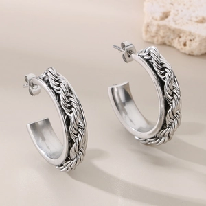 Silver twisted rope C-shaped hoop earrings in minimalist polished stainless steel