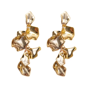 Statement long gold petal drop earrings with irregular metallic folded leaf design