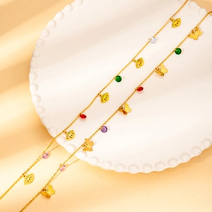 Gold stainless steel chain necklace with colorful zircon gemstones and butterfly charms