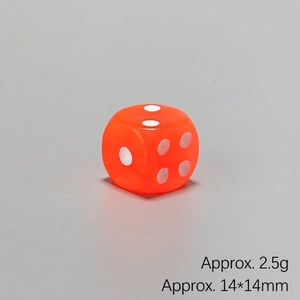 Detailed view of an orange translucent resin die, measuring 14x14mm and weighing 2.5g