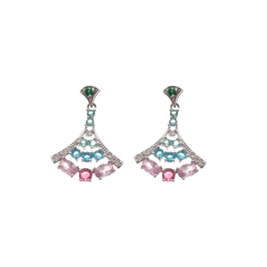 Elegant silver fan-shaped ginkgo leaf earrings with colorful zircon stones and green accents