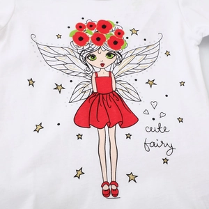 White cotton long-sleeve tee for boys featuring a cute fairy print with red floral accents