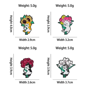 Cat and flower enamel pin set featuring sunflower lily and rose designs for backpacks