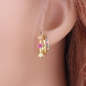 Three-layer gold C-shaped earrings with colorful sparkling zircon crystals for women