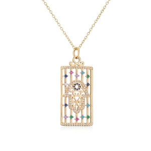 Detail of 18K gold plated Hamsa Hand rectangular pendant with colorful cubic zirconia