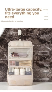 Detail of hanging toiletry bag with TPU waterproof zone and mesh storage compartments