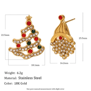 Christmas stainless steel stud earrings with tree and hat design in 18K gold finish