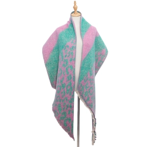 Detail of pink and teal leopard print scarf with soft loop yarn texture and fringe tassels