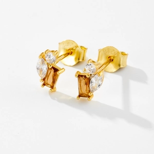 S925 sterling silver stud earrings with amber rectangular stone and white cubic zirconia