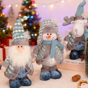 Three-piece Christmas plush doll set featuring blue Santa, snowman and elk decorations
