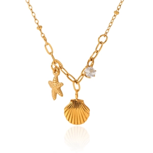 18K gold plated stainless steel necklace with starfish, shell and diamond pendants