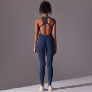 Seamless backless navy blue yoga bodysuit jumpsuit for athletic gym fitness training