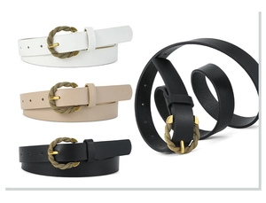 Detail of twisted metal buckle on snake pattern PU leather belts in black, white and beige