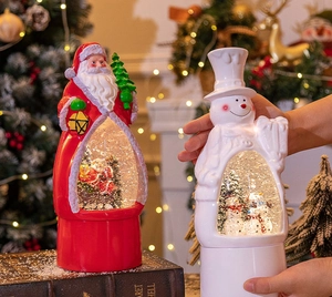 Detailed view of Santa Claus and Snowman musical snow globe lamps for Christmas gift choice