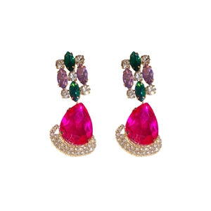 Vintage gold diamond rhombus earrings with colorful crystals and pink water drop stone