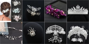 Macro detail of bridal crown accessories with pearls, crystals and floral embellishments