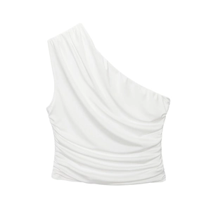 White one-shoulder ruched crop top for women featuring asymmetrical design and stretch fabric