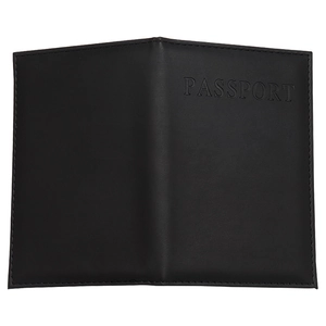 Classic black PU leather passport cover with debossed text on a clean white background