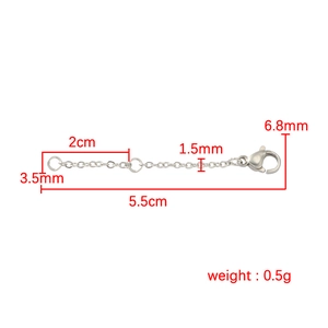 Adjustable stainless steel jewelry extender chain with lobster clasp and measurements
