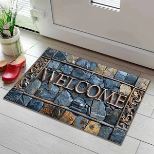Close-up of stone texture welcome mat with 3D embossed lettering on wooden floor