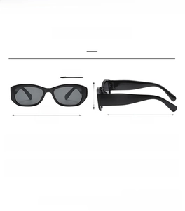 Detailed size chart for retro rectangular sunglasses showing frame and lens dimensions