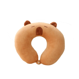 Cute brown capybara plush U-shaped travel neck pillow with soft fabric and snap button
