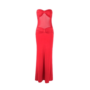 Detail of red strapless maxi dress with pleated bodice and sheer mesh waist insert