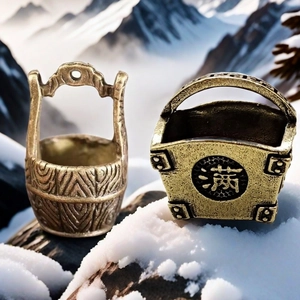 Macro shot of miniature brass buckets with wood grain texture and Chinese character