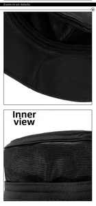 Close-up of black bucket hat showing precision stitching and breathable mesh fabric lining