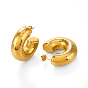 Polished 18K gold plated thick hollow C-shaped stainless steel chunky hoop earrings