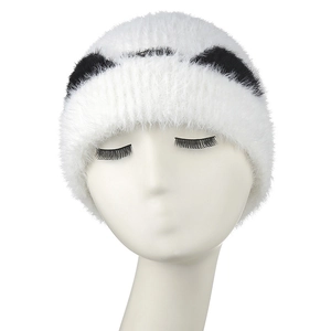 Winter fluffy panda knit hat for women with cute ears and warm plush faux fur texture