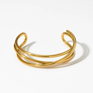Minimalist gold stainless steel open bangle with triple-layered cross line geometry design