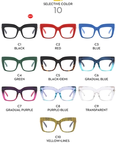 Detailed catalog showing 10 color variations of cat-eye anti-blue light glasses frames